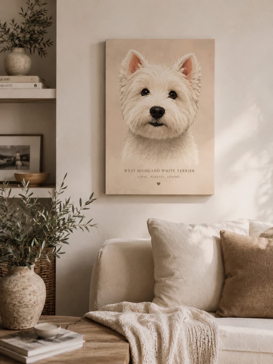 Cozy minimalist living room with dog portrait